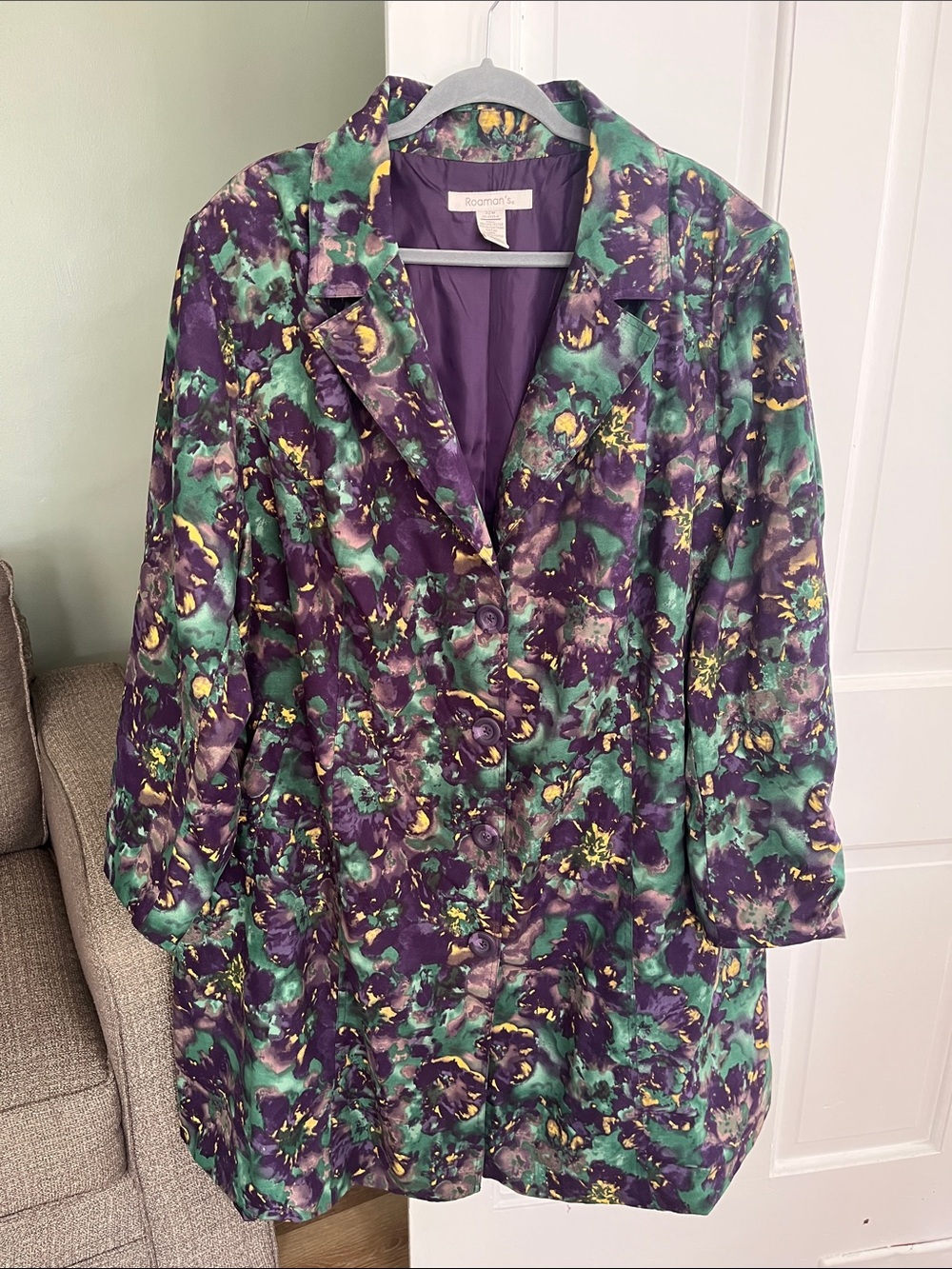 Roaman’s Size 32W Coat Jacket Purple Green Abstract Floral
